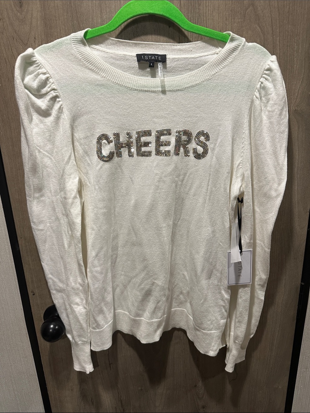 1. State White 'CHEERS' Sequin Puff-Sleeve Sweater